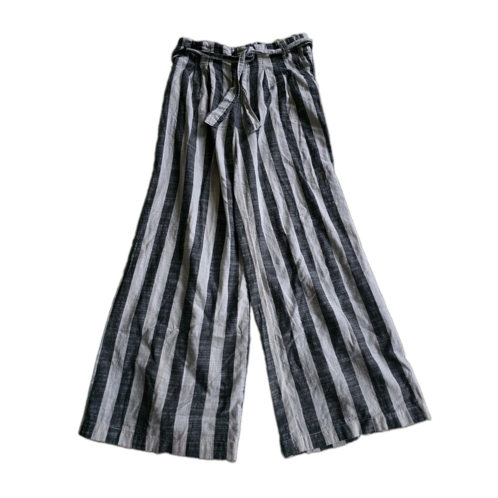 Indigo Rising Wide Leg Pants Womens Medium White Gray Striped Linen Cotton Boho